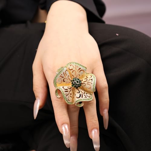 Elegant Big Crystal Flower Ring for Women Gold Rhinestone Floral Rings Open Finger Adjustable Crystal Flower Statement Ring Jewelry for Bridal Wedding - color: Flower 1 - green