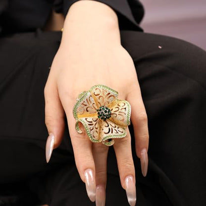 Elegant Big Crystal Flower Ring for Women Gold Rhinestone Floral Rings Open Finger Adjustable Crystal Flower Statement Ring Jewelry for Bridal Wedding - color: Flower 1 - green
