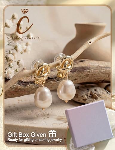 CASSIECA Clip on Earrings Women Pearl Earrings Hypoallergenic 14K Gold Plated Non Pierced Earring Comfortable Fake Drop Dangle Cubic Zirconia Lightweight Pearl Accessories Jewelry Gift Knot