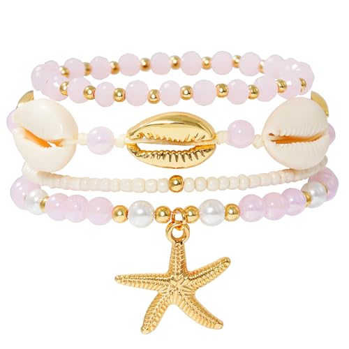 LALAPPLE Shell Bracelet Boho Beaded Stretch Bracelets for Women Seashell Strand Bracelets Starfish Charm Jewelry Summer Beach Jewelry Stackable Crystal Gold Plated Beads Bracelet for Women - style: T-Style2
