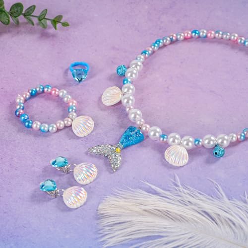 Mermaid Necklace Bracelet Set Mermaid Jewelry Kit Included Shell Necklace Bracelet Ring Earrings Accessories - color: Purple+blue