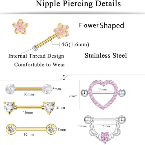 TIANCI FBYJS 6 Pairs Nipple Rings Stainless Steel Heart Butterfly Moon Flower CZ Stud Barbell Tongue Rings Set Cute Nipplerings Piercing Jewelry for Women Pink Tone - color: gold color