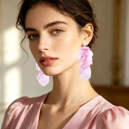 Handmade Bohemian Lightweight Fabric Flower Dangle Drop Earrings Chic Pearl Large Tassel Petal Stud Earrings For Women - color: Pearl Pink