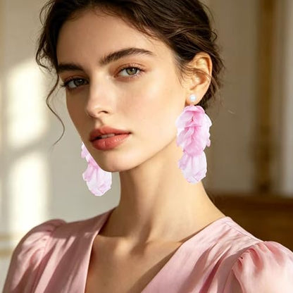 Handmade Bohemian Lightweight Fabric Flower Dangle Drop Earrings Chic Pearl Large Tassel Petal Stud Earrings For Women - color: Pearl Pink