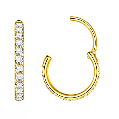 316L Surgical Steel Seamless Nose Ring Cartilage Hoop Silver/Gold/Rose Gold/Black 16G 18G 20G 6mm-12mm CZ Paved Helix Rook Tragus Lobe Body Pierecing Jewelry Segment Clicker Lip Rings Rook Earrings - color: Gold, size: 20 Gauge 6mm