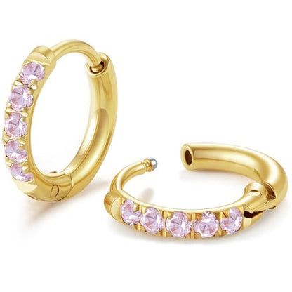 Hypoallergenic Unisex Surgical Steel Small Cubic Zirconia Huggie Hoop Earring, Color Gold - Silver - Rose Gold - Black - Rainbow, Size 6mm- 12mm Safe for Sensitive Ear - style: P02 : 8mm - gold - pink cz