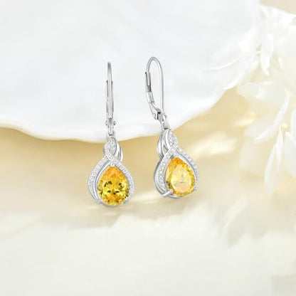 925 Sterling Silver Infinity Teardrop Earrings for Women | Lwsary Dangle Drop Leverback Earrings, Pear Shaped Birthstone Jewelry for Her - color: Yellow