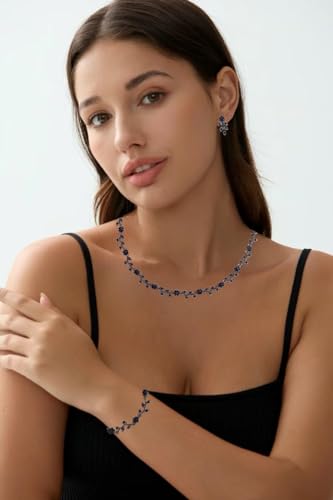Austrian Crystal Rhinestone Choker Necklace Dangle Earring Link Bracelet Jewelry Set for Brides Bridesmaid Prom Costume Accessories for Women - color: Blue-Gunmetal