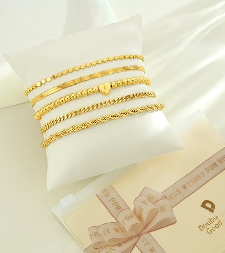 doubgood Gold Bracelets for Women Non Tarnish, Waterproof Gold Bracelet Stack Set with Initial Charm Dainty Layered Chain Heart Jewelry Gifts for Women - color: U - Gold