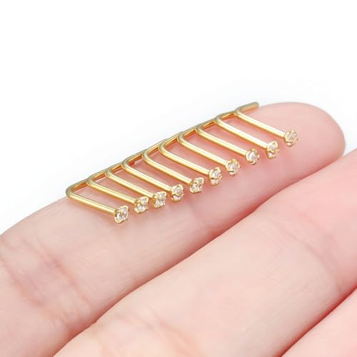 Nose Studs Surgical Steel Nose Rings Studs with Cubic Zirconia 10Pcs Tiny Nostril Rings for Women Screw Bone and L-Shaped Nostril Piercing Jewelry 24G 22G 20G 18G - color: goldtone,L shaped nose studs, size: 20g,1.5mm Clear CZ