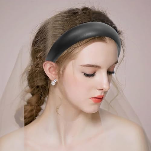Black Leather Padded Headband Soft,Womens Dressy Hairband | Wide Headband,Trendy Styles,Stylish,Fancy,Comfortable,Daily,Prom,Party,Head Accessories