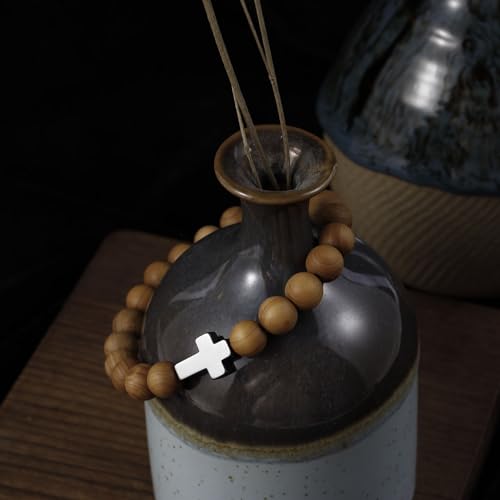 5Pcs Sandalwood Stretch Bracelets for Women Men with Hematite Stone Cross Mala Beads - color: B1
