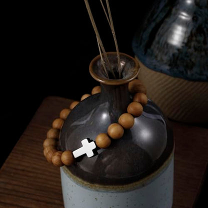 5Pcs Sandalwood Stretch Bracelets for Women Men with Hematite Stone Cross Mala Beads - color: B1