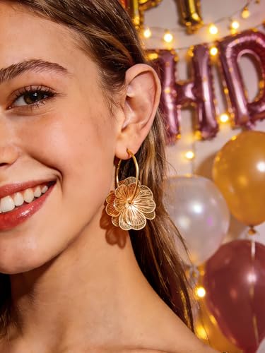 Boho Flower Earrings for Women - Gold/Silver Dangle Statement Earrings - Fun Floral Drop Jewelry with Backs for Droopy Ears - Trendy Gifts - color: Gold
