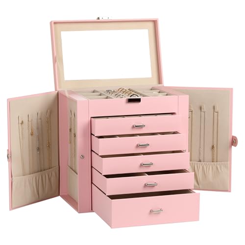 Frebeauty 6-Layer Jewelry Box for Women,Large Jewelry Organizer with Drawer | Faux Leather,Built-in Mirror,Spacious Jewelry Storage,16 Necklace Hooks,Organizing by Category for Rings Earrings Bracelet - color: Pink, size: Large