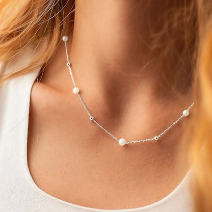SmileBelle Pearl Necklaces for Women, 18K Gold Daisy Choker for Women's | Pearl Strand Necklaces as Summer Gifts for Teens, Silver Daisy Flower Gifts, 3 Pearls White Necklace as Bridesmaid Gift - color: Silver