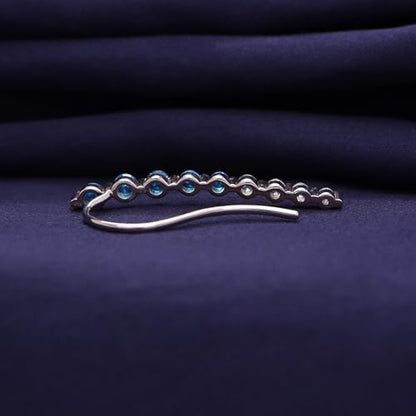 Floating Curved Bar One Piece Left Ear Crawler Earrings With Birthstone | White CZ In 14K Yellow Gold Over Sterling Silver - color: Simulated Blue Topaz