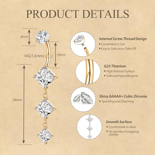 FUNLMO Dangle Belly Button Ring Titanium Belly Rings Belly Button Piercing Cube Zircon Internally Threaded Floating Navel Piercing Jewelry 14G 10mm - color: Gold,Clear CZ