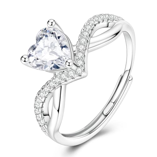 925 Sterling Silver Adjustable Rings for Women 14K Gold Plated Thumb Rings | Stackable Statement Eternity Rings Dainty Starfish Star Moon Heart Lucky Open Ring Trendy Jewelry Birthday Gifts for Ladies - color: Love zircon ring
