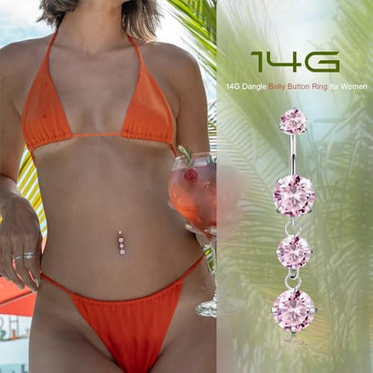 G23 Titanium Dangle Belly Button Rings for Women Dangling Navel Rings CZ Belly Rings Curved Barbell Internally Threaded Belly Piercing Jewelry - color: Pink