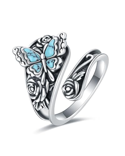 S925-Sterling-Silver Abalone Dragonfly-Turquoise Spoon Ring - Vintage Boho Sunflower Thumb Oxidized Wrap Rings Victorian Style Antique Floral Jewelry Gifts for Women - color: New Butterfly Turquoise Ring
