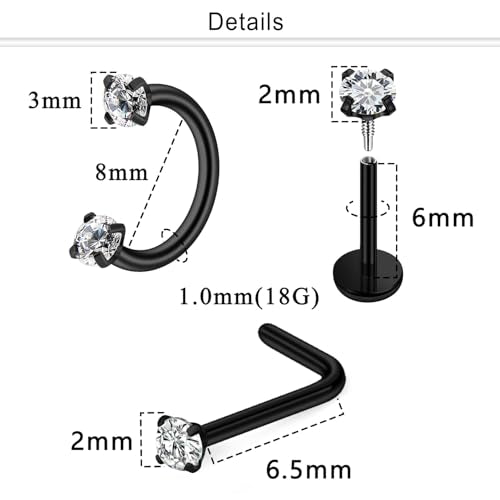 Horseshoe Nose Ring 18G Internally Threaded Nose Rings Hoops Surgical Steel Half Double Cubic Zirconia Nostril Studs Lip Eyebrow Helix Daith Ear Piercing Jewelry For Women - color: black