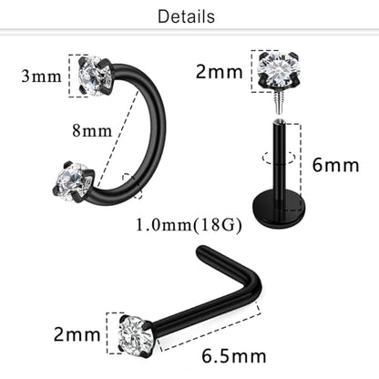 Horseshoe Nose Ring 18G Internally Threaded Nose Rings Hoops Surgical Steel Half Double Cubic Zirconia Nostril Studs Lip Eyebrow Helix Daith Ear Piercing Jewelry For Women - color: black