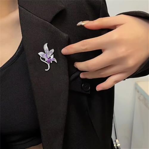 Elegant Purple Lily Flower Brooch Pin Delicate Austrian Crystal Rhinestone Floral Leaf Badges Lapel Pins Clothing Dress Wedding Corsage Accessories Trendy Banquet Prom Jewelry for Women Lady Wife Mom