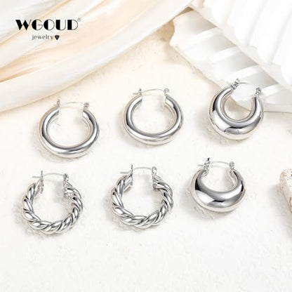 3Pairs 14K Gold Plated Chunky Hoop Earrings Set for Women, Trendy Hoop Earring 925 Sterling Silver Post - Hypoallergenic Thick Lightweight Twisted Hoops Dainty Gold Earrings for Women Jewelry Gifts - color: Silver