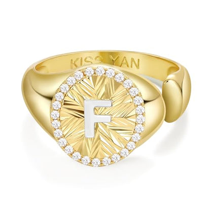 KissYan 14K Gold Plated Initial Ring for Women | Adjustable CZ Halo Letter Signet Ring, Personalized Monogram Statement Jewelry Gift, Tarnish Resistant - style: Letter F