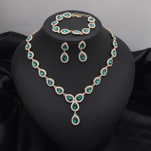 Austrian Crystal Rhinestone Necklace Dangle Earrings Link Bracelet Jewelry Set for Brides Bridesmaid Prom Costume Accessories for Women - color: Emerald-Gold Plated