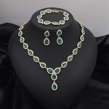 Austrian Crystal Rhinestone Necklace Dangle Earrings Link Bracelet Jewelry Set for Brides Bridesmaid Prom Costume Accessories for Women - color: Emerald-Gold Plated