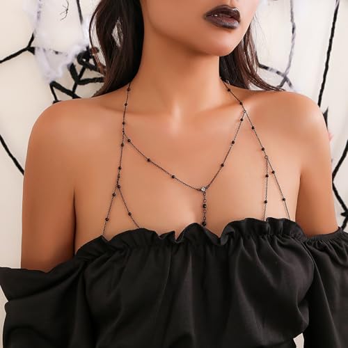 Body Chain Jewelry for Women Rhinestone Back Chain Necklace for Backless Dress Backdrop Chain Necklaces for Women - color: Black Body Chain