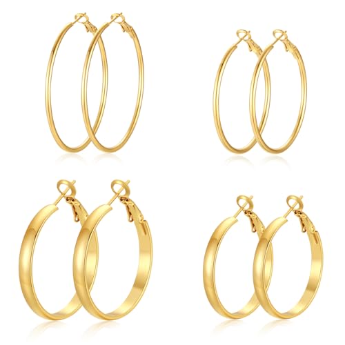 4 Pairs Silver Gold Hoop Earrings for Women | 14K Gold Plated Hoop Earrings Set Hypoallergenic Earring Lightweight Dangle Earrings Set - color: 4 Pairs Gold-(4mm Wide & Thin)