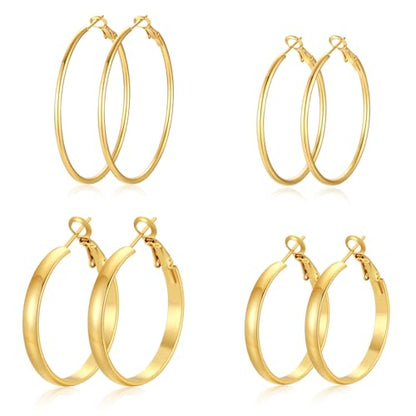 4 Pairs Silver Gold Hoop Earrings for Women | 14K Gold Plated Hoop Earrings Set Hypoallergenic Earring Lightweight Dangle Earrings Set - color: 4 Pairs Gold-(4mm Wide & Thin)