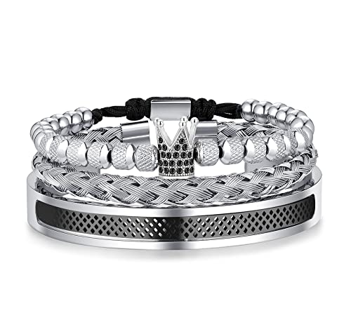 WFYOU 3PCS Stainless Steel Imperial Crown Bracelets for Men Gold Roman Numeral Bangle Bracelet Adjustable Cuff Bracelet Mens Luxury Jewelry Gifts - style: 03:Black-Crown