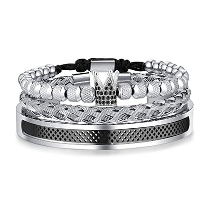 WFYOU 3PCS Stainless Steel Imperial Crown Bracelets for Men Gold Roman Numeral Bangle Bracelet Adjustable Cuff Bracelet Mens Luxury Jewelry Gifts - style: 03:Black-Crown
