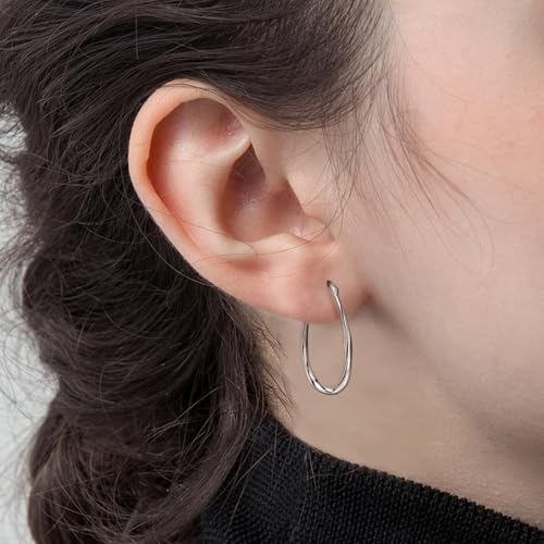 Sterling Sliver Hoop Earrings - Silver Oval Hoop Stud Earrings for Sensitive Ears for Women