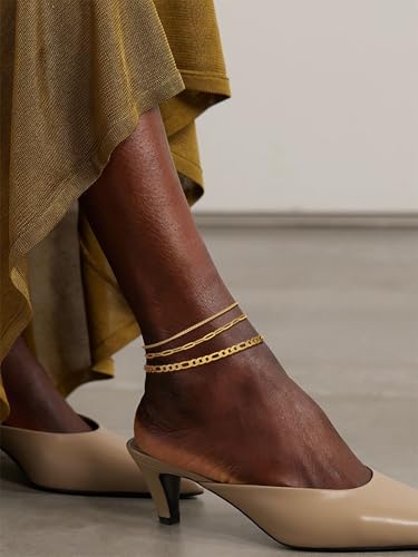 FOCALOOK Anklet Bracelets Set for Women, 14K Gold Plated Layered Anklet Set | Adjustable for Large Ankle, Cuban/Snake/Figaro/Paperclip Chain, Waterproof & Non Tarnish for Everyday Wear, Beach & Summer - color: C:3Pcs-Cuban/Paperclip/Figaro-Gold
