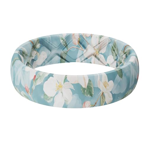 Egnaro Silicone Statement Ring Women, Floral Patterned Rubber Wedding Band | 5.2mm Wide 2mm Thick Printed Style, Inner Arch and Breathable X Grooves for Gym Workout Travel Work Pregnancy Daily Wear - color: SETA-Apple Blossoms