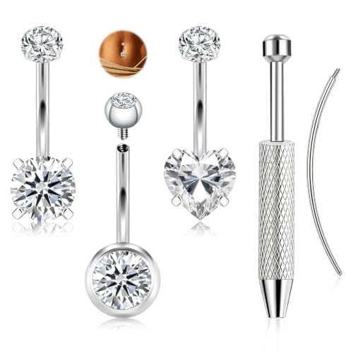 ONESING 14G Belly Button Rings Hypoallergenic Surgical Stainless Steel Belly Rings for Women Round Heart Teardrop Cubic Zirconia 12MM Navel Piercing Jewelry Barbell Studs with Tools - color: Silver A-14G