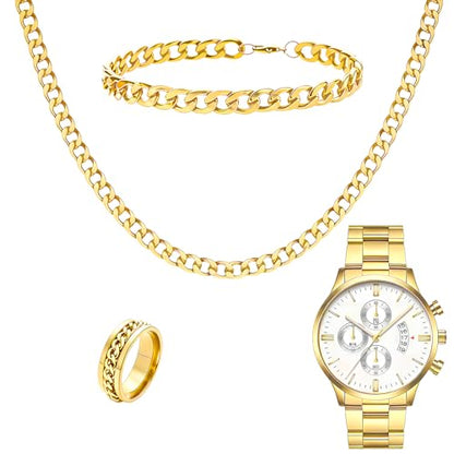 NEWITIN 4 Pieces Black Jewelry Set for Men Stainless Steel Watch Necklace Bracelet Ring Fashion Black Wristwatch Cuban Link Chain Cuban Jewelry Set for Men - color: Gold
