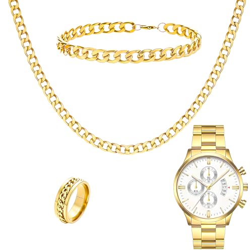 NEWITIN 4 Pieces Black Jewelry Set for Men Stainless Steel Watch Necklace Bracelet Ring Fashion Black Wristwatch Cuban Link Chain Cuban Jewelry Set for Men - color: Gold
