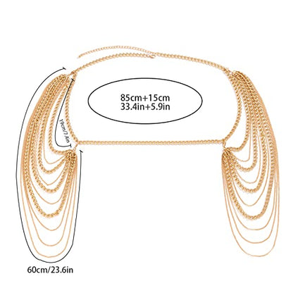 Summer Beach Punk Shoulder Body Chain Multi-Layered Back Chain Bikini Metal Tassel Arm Chain Statement Bridal Wedding Backdrop Necklace Body Chain Jewelry for Women - color: Gold