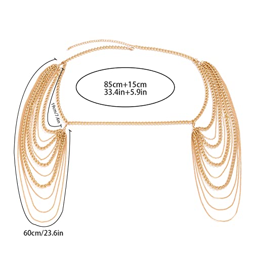 Summer Beach Punk Shoulder Body Chain Multi-Layered Back Chain Bikini Metal Tassel Arm Chain Statement Bridal Wedding Backdrop Necklace Body Chain Jewelry for Women - color: Siler