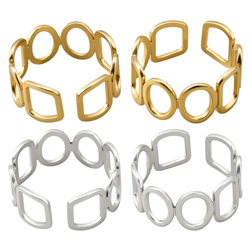 Geometric Heart Band Rings Gold Silver Stainless Steel Geometric Finger Rings with Hollow Circle Square Boho Thumb Open Statement Ring for DIY Women Party Decoration - style: Square, Round