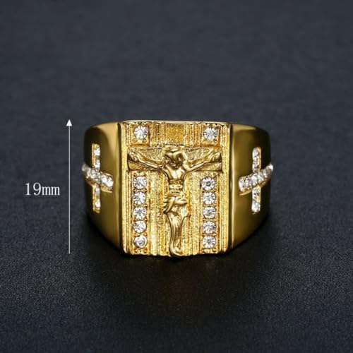 Christian Couple Signet Rings Set: Square Jesus (Men) & Oval Virgin Mary (Women), Stainless Steel Gold Plated with Side CZ Cross, Rhinestone Religious Rings - color: Jesus