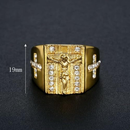 Christian Couple Signet Rings Set: Square Jesus (Men) & Oval Virgin Mary (Women), Stainless Steel Gold Plated with Side CZ Cross, Rhinestone Religious Rings - color: Jesus