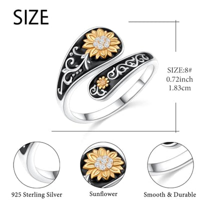 FLYOW Sterling Silver Sunflower Spoon Ring Victorian Style Boho Antique Flower Adjustable Open Ring Retro Statement Cubic Zirconial/Turquoise/Oxidized Thumb Rings for Women Birthday Christmas Jewelry - style: Cubic Zirconial-8