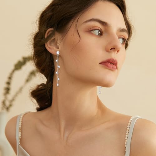 Gold/Silver Clip on Earrings Non Pierced for Women - 14K Gold Plated Long Tasse Drop Dangle Clip Earrings - Cubic Zirconia Leaf Earrings for Women Gold Wedding Jewelry Gifts - color: Silver-cz